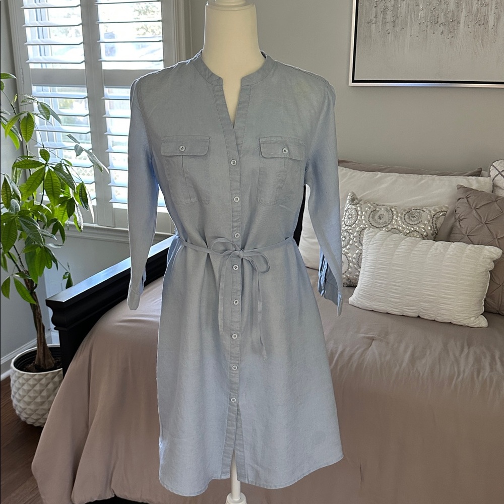 Light Blue Button-Up Dress with Belt